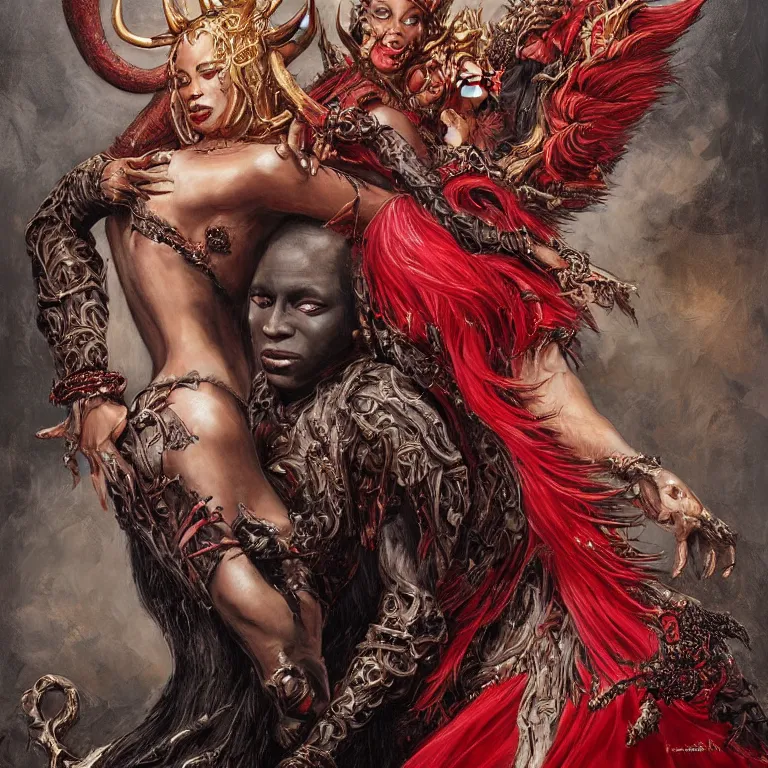 Image similar to beautiful painting of black man and a female devil in red dress with horns are dancing together, in Dark souls and elden ring style, insanely detailed and intricate, golden ratio, hypermaximalist, elegant, ornate, luxury, elite, ominous, haunting, matte painting, cinematic, cgsociety, James jean, Brian froud, ross tran, Laputa