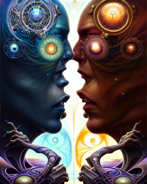 Prompt: two lovers facing each other and embracing, tarot card, fantasy character portrait made of fractals, ultra realistic, wide angle, intricate details, the fifth element artifacts, highly detailed by peter mohrbacher, hajime sorayama, wayne barlowe, boris vallejo, aaron horkey, gaston bussiere, craig mullins