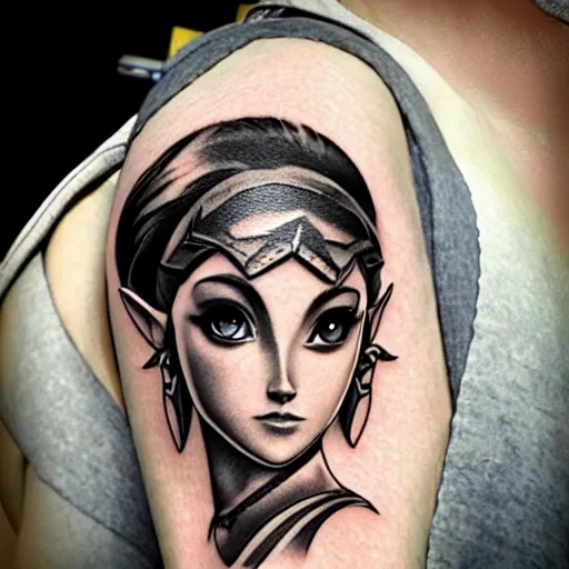 Image similar to tattoo design, stencil, portrait of princess zelda by artgerm, symmetrical face, beautiful