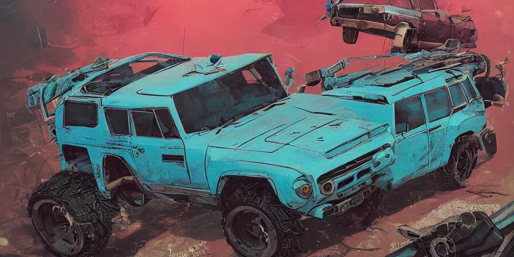 Image similar to digital illustration of a futuristic faded cyan mad max's fj 4 0 decrepit!!!! pursuit special, rusty!!! cyberpunk nissan fj cruiser heavily modded 1 9 9 0 s, the last v 8 interceptor by makoto shinkai, ilya kuvshinov, lois van baarle, rossdraws, basquiat