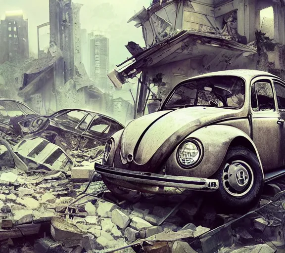 Image similar to one single Volkswagen Beetle in a pile of rubble in the ruins of a house. Post apocalyptic, ruins, rubble, gloomy. By Makoto Shinkai, Stanley Artgerm Lau, WLOP, Rossdraws, James Jean, Andrei Riabovitchev, Marc Simonetti, krenz cushart, Sakimichan, trending on ArtStation, digital art.