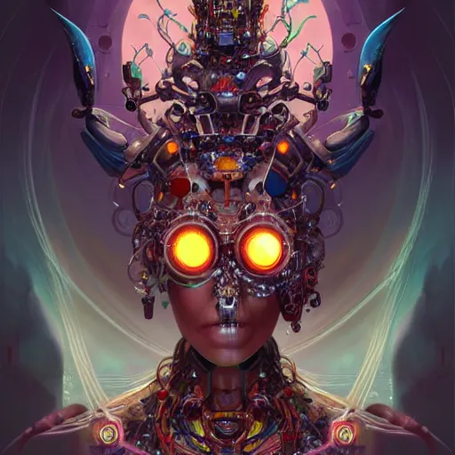 Image similar to portrait biomechanical spider king, cyberpunk, bionics, augments, lights, cables, elegant gleaming intricate baroque jewellery, colorful, vivid, imposing, epic, digital painting, artstation, concept art, by peter mohrbacher and wlop and rhads,