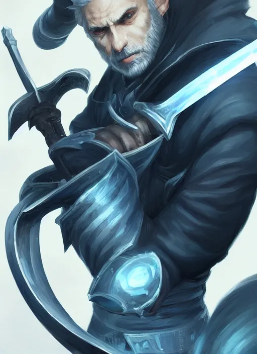 Image similar to a highly detailed illustration of short slick back white haired man wearing dark blue coat, dramatic wielding sword pose, intricate, elegant, highly detailed, centered, digital painting, artstation, concept art, smooth, sharp focus, league of legends concept art, wlop