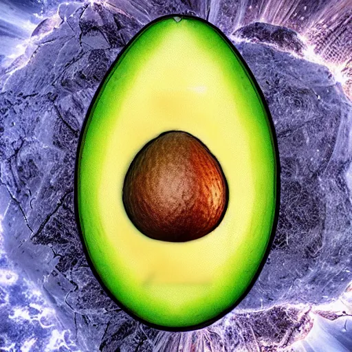 Image similar to a realistic avocado with jesus face on it, bizantine, hyperrealistic, extremely detailed, vivid, apocalyptic, volumetric illumination, 8 k, matte painting