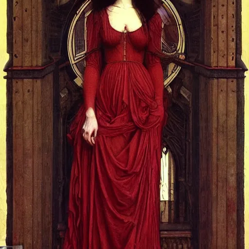 Prompt: Symmetric Pre-Raphaelite painting of a beautiful mystic woman with dark hair in a very detailed silk dark red dress by John William Waterhouse,, surrounded by a dark gothic frame of highly detailed mathematical drawings of neural networks and geometry by Doré , highly detailed mathematical drawings of geometry