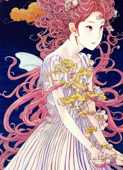 Image similar to exquisite imaginative manga poster of a fairy princess, long wavy hair, rococo ruffles dress, shimmering, by takato yamamoto, ayami kojima, shigenori soejima, minaba hideo, katsuhiro otomo, jump comics, illustration, artstation, highly detailed, 8 k, fluorescent, fluorescent, maximalist