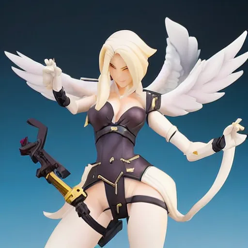 Image similar to still figurine of mercy from overwatch, statue, personification, dynamic pose, amazing details, detailed product photo, official art, featured on pixiv, 8 5 mm, f. 1 4, beautiful composition, anime