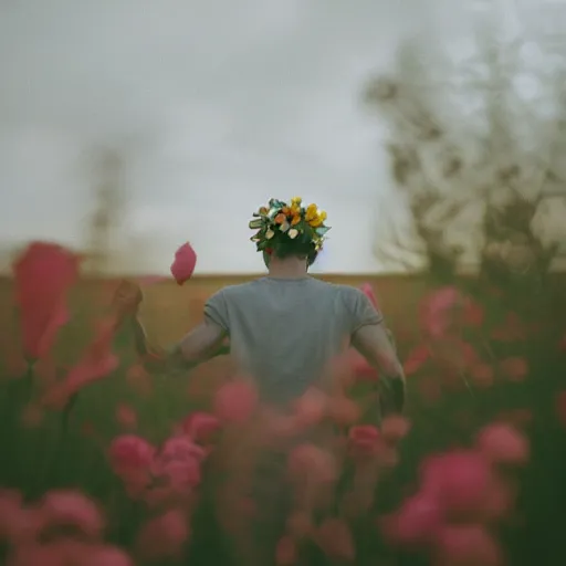 Image similar to revolog kolor photograph of a skinny blonde guy standing in a field of flowers, flower crown, back view, grain, moody lighting, telephoto, 9 0 s vibe, blurry background, vaporwave colors!, faded!,