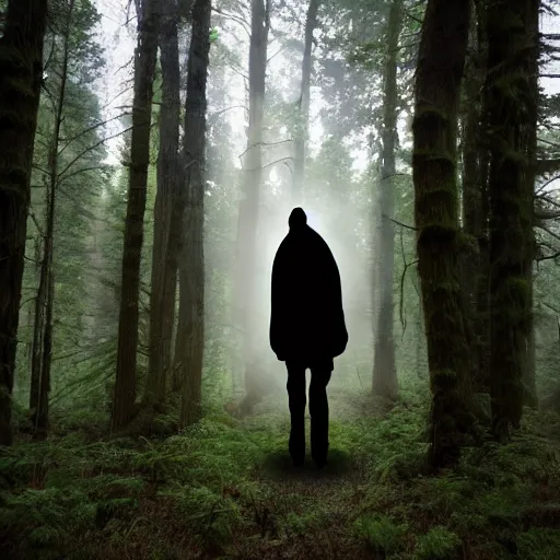 Image similar to an ominous figure standing hidden in the forest