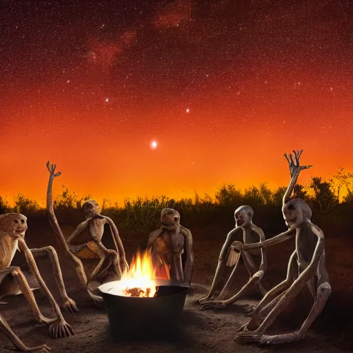 Image similar to an australopithecus tribe gathering, pointing to the stars, fire pit, ambient lighting, orange pallete, anatomically correct, beautiful starry skies, 4k photo,