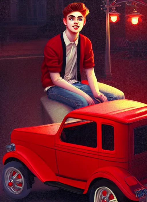 Image similar to teenage archie andrews, in a red ford model t, intricate, elegant, glowing lights, highly detailed, digital painting, artstation, sharp focus, illustration, art by wlop, mars ravelo and greg rutkowski