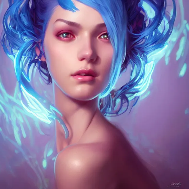 Prompt: portrait of beautiful! female, symmetry!! fantasy setting!, glowing neon blue hair!! subsurface scattering!!, artistic, art by artgerm, greg rutkowski and alphonse mucha, artstation, octane render,