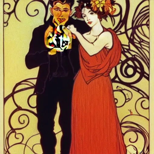 Image similar to painting of handsome young beautiful jeff and gorgeous rina together at the jack o'lantern halloween party, elegant, clear, painting, stylized, art, art by alphonse mucha, vincent van gogh, egon schiele,