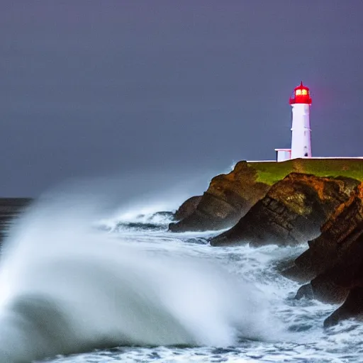 Image similar to close up of light house on cliffs at night with rough seas and high waves, stormy unreal 5