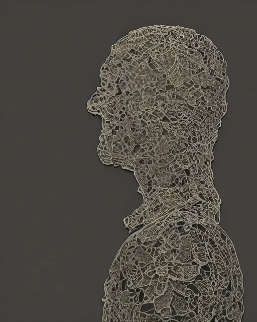 Image similar to a man's face in profile, wearing a collared shirt, made of intricate decorative lace leaf skeleton, in the style of the dutch masters and gregory crewdson, dark and moody