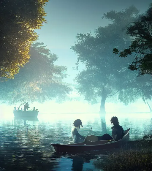 Prompt: three humans in a boat with a reflection of three crows in a swamp, volumetric lighting, fog, majestic light, octane render, ethereal glare of the sun, hyperrealistic, epic, masterpiece, by makoto shinkai