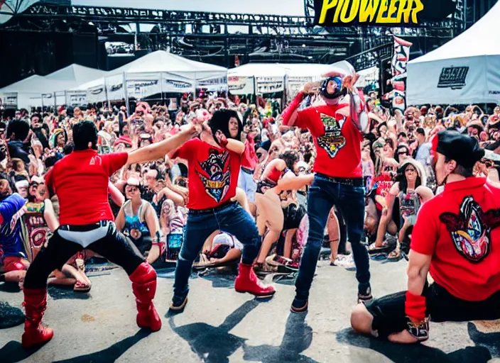 Image similar to photo still of putties from power rangers at the vans warped tour!!!!!!!! at age 3 6 years old 3 6 years of age!!!!!!!! stage diving into the crowd, 8 k, 8 5 mm f 1. 8, studio lighting, rim light, right side key light