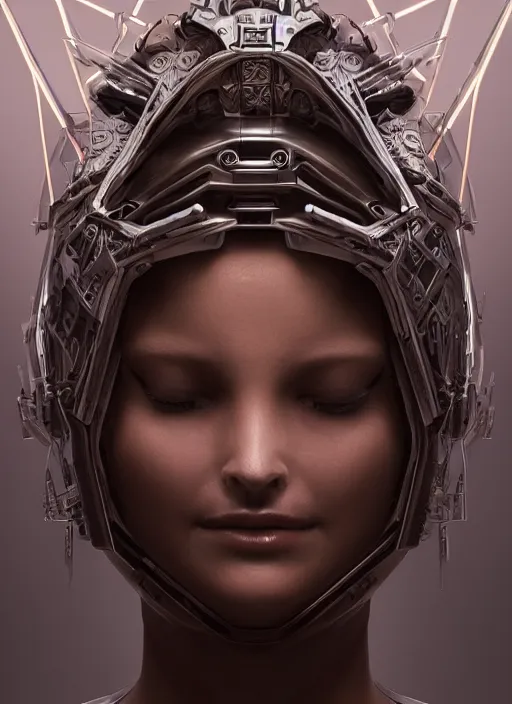 Image similar to beautiful portrait of an alien cyborg, deus ex machina, style of Feng Zhu, Artstation geometric, aesthetic, big eyes, smooth skin, unique features, symmetrical, intricate crown, volumetric lighting, streetwear, cyberpunk, detailed, octane render, cinematic, 8k, brown skin, retro sci fi film, Stanisław Szukalski + Moebius,