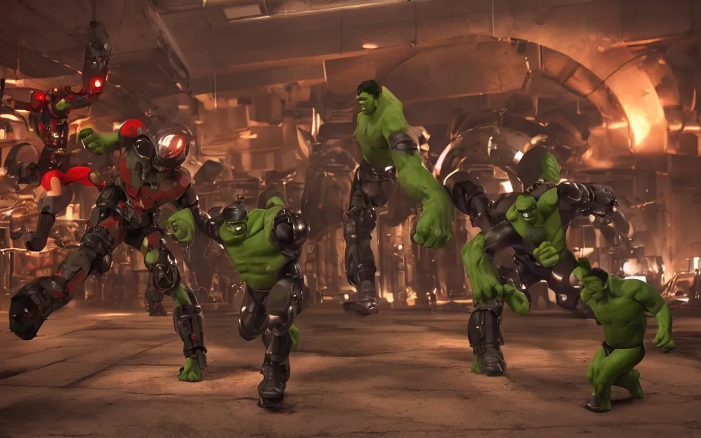 Image similar to spy kids finial battle but the robots are hulk hogan, atmospheric, mist, epic, photorealistic, realistic, rule of thirds, extremely detailed, 4 k, 8 k, unreal engine 5 render, rim lighting, rtx, ray traced lighting, shot on 3 5 mm, film grain, looking through a window frame