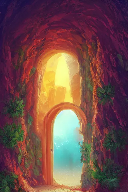 Image similar to digital painting of a doorway in a desert that leads to a secret garden, concept art, artstation, fantasy, fantasy aesthetic, fantasy vibe, colorful, faded effect, artstation, trending, detailed, small details, scenery,