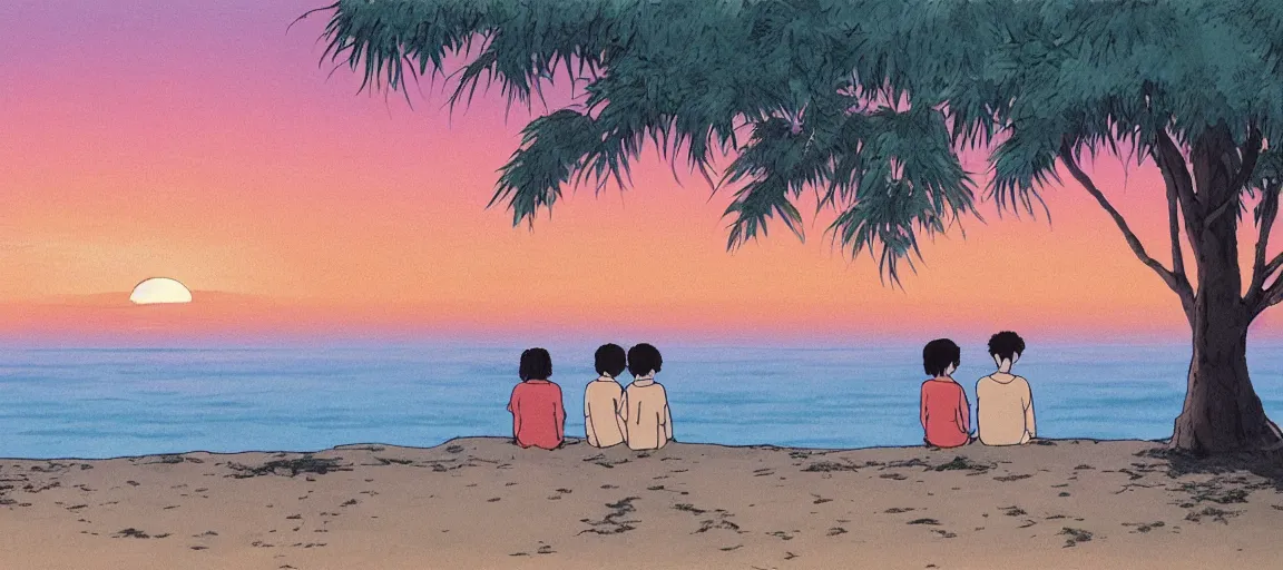 Prompt: a couple watching the sunset by the beach, by Studio Ghibli