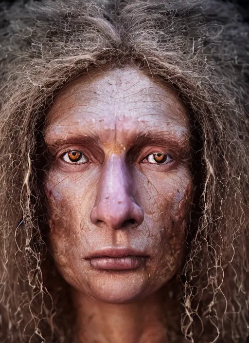 Image similar to closeup portrait of a neanderthal woman, depth of field, zeiss lens, detailed, symmetrical, centered, fashion photoshoot, by Annie Leibovitz and Steve McCurry, David Lazar, Jimmy Nelsson, Breathtaking, 8k resolution, extremely detailed, beautiful, establishing shot, artistic, hyperrealistic, beautiful face, octane render