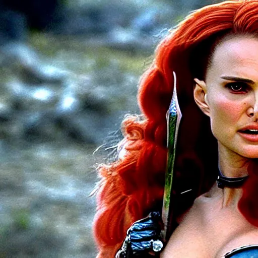 Image similar to natalie portman as red sonja, battle scene