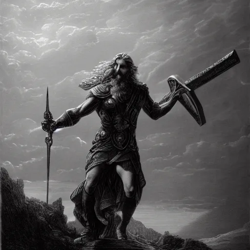 Prompt: a painting of Gustave Doré showing Thor rising the mjolnir, high definition, trending on artstation