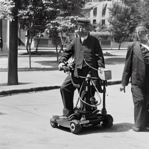 Image similar to photograph of an eldery gentleman towing an artillery cannon with a mobility scooter on a street