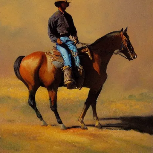 Image similar to a painting of a cowboy on horseback by mark maggiori