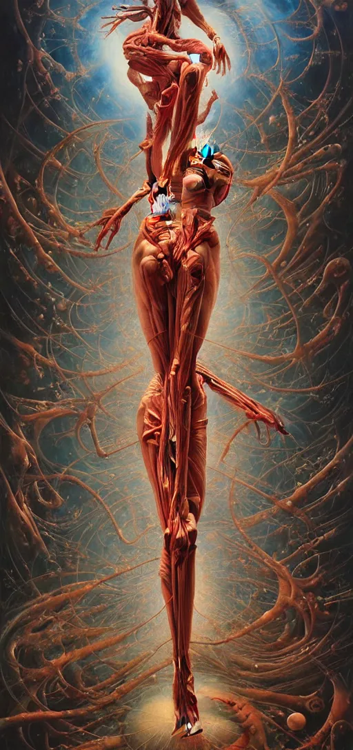 Image similar to a tall, fleshy anatomical figure with extra limbs, hovering in the air, zero gravity, neurons firing, rich colours, karol bak, mark brooks, hauntingly surreal, highly detailed painting by katsuhiro otomo, part by james jean, part by adrian ghenie, part by gerhard richter, soft light 4 k