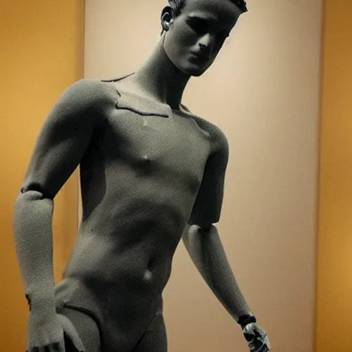 Image similar to “ a realistic detailed photo of a guy who is an attractive humanoid who is half robot and half humanoid, who is a male android, soccer player antoine griezmann, shiny skin, posing like a statue, blank stare, at the museum, on display ”