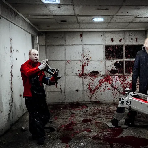 Image similar to putin with a chainsaw and a corpse. in a concrete bunker. focus on putins face with blood splatters. canon eos r 3, f / 1. 4, iso 1 6 0 0, 1 / 8 0 s, 8 k, raw, grainy