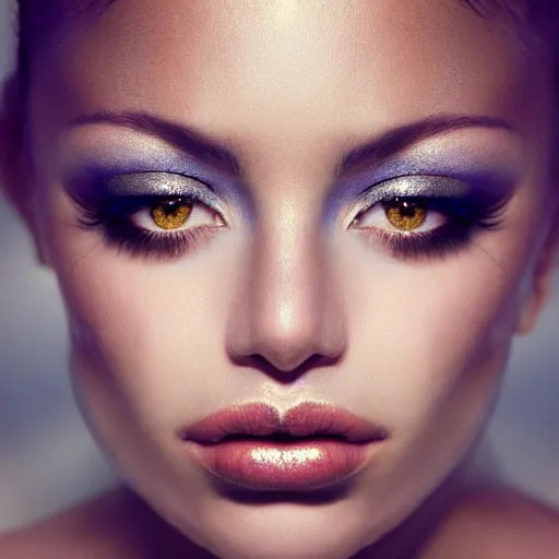 Prompt: extreme close up portrait of stunningly beautiful girl, staring in the camera, symmetrical, gold dust make up, high res photo, 8 k, 5 0 mm 1. 8, bokeh, by mario testino