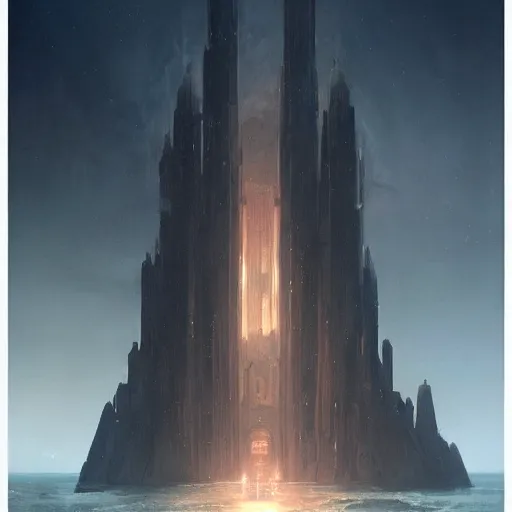 Image similar to star wars concept art by greg rutkowski, a palatial and imposing grey wide tower emerging from the sea in the middle of a ocean landscape, enigmatic atmosphere, beautiful and cinematic lighting, artstation hq.