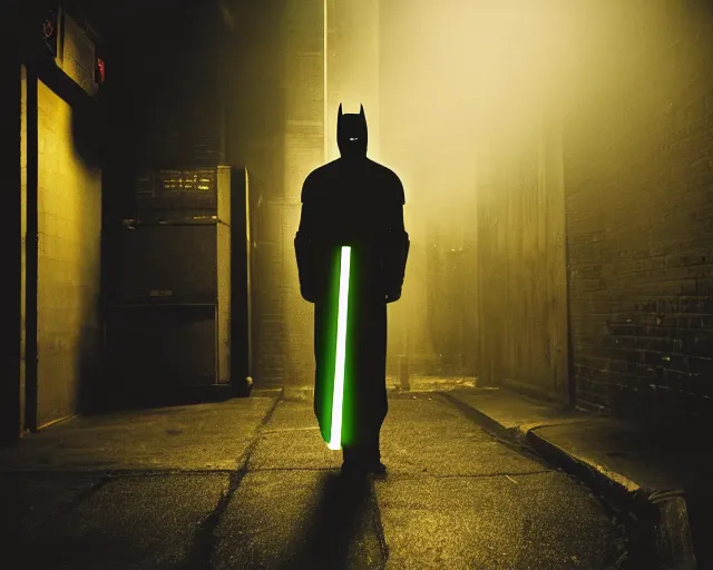 Prompt: a high definition photograph of Batman holding a lightsaber in a dark New York City alleyway at nighttime, high contrast shadows