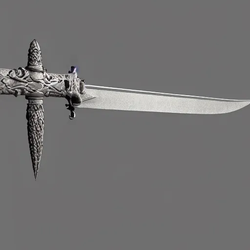 Image similar to a 3d model of a long sword in the center, with dragon like handle