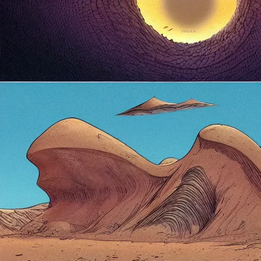 Prompt: Jodorowski's Dune landscapes, concept art, comic book, detailed, in the style of Moebius