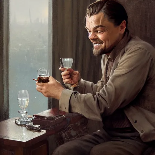 Prompt: leonardo dicaprio from django laughing with a small sherry drink in hand to lips, highly detailed, intricate, digital painting, artstation, sharp focus, illustration, art by jakub rozalski, greg rutkowski, artgerm, tan zi and ayanamikodon and alphonse mucha and wlop