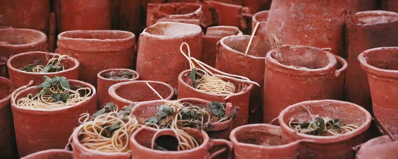 Prompt: spaghetti inside ancient terra cotta pots, middle east, fine detail, canon 5 0 mm, in the style wes anderson, kodachrome, retro