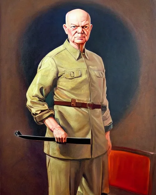 Image similar to a painting of a dwight eisenhower holding a sword, a character portrait by quirizio di giovanni da murano, reddit, antipodeans, ilya kuvshinov, official art, tarot card