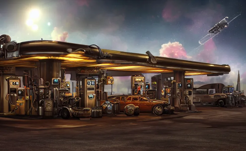 Prompt: steampunk gas station in space, 4 k, polished, photorealistic, hard edges, zoomed in, very coherent, sharp focus, rim light, exquisite lighting, hard edges, sci - fi, cinematic, game art, octane