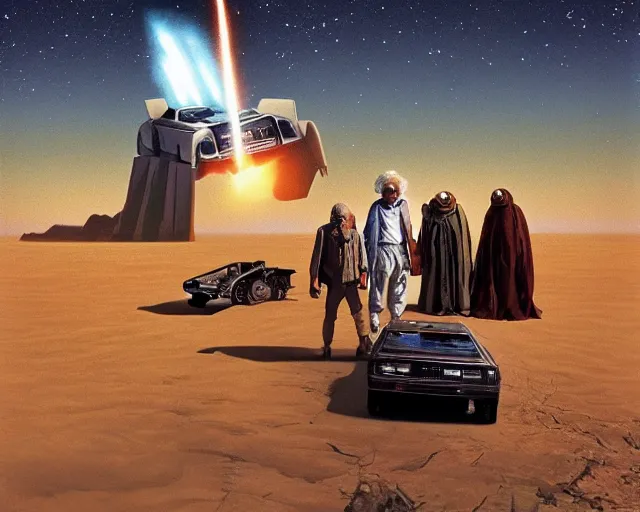 Image similar to doc brown and the delorean encounter the jawas on tatooine