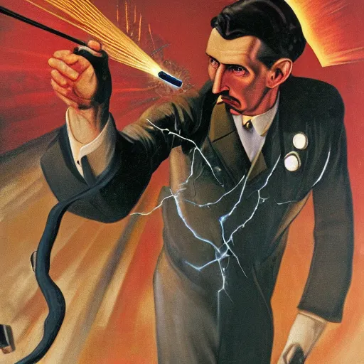 Prompt: UHD candid color photo of Nikola Tesla shooting a laser at Hitler, accurate faces, UHD, photorealistic, correct face, photo by Annie Leibowitz