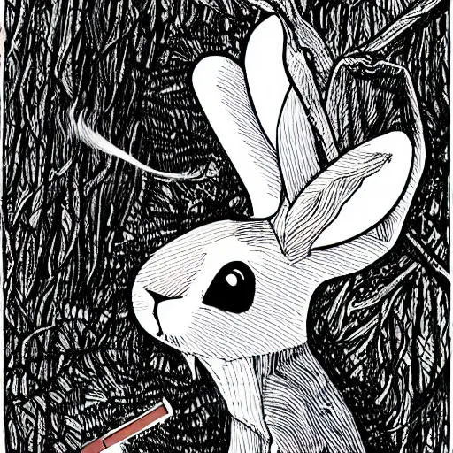 Image similar to black - and - white line art illustration of a rabbit smoking a cigarette, with smoke rising from the cigarette, background is a tangled forest, whimsical masterpiece by ernest shepard