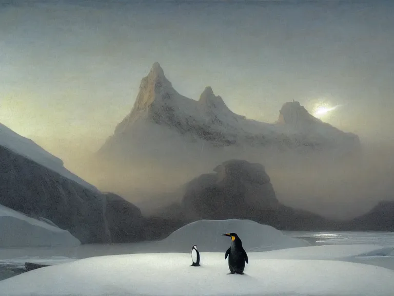 Image similar to an oil painting of a penguin next to a frozen ocean and a misty glacier at dawn. by beksinski tuomas korpi moebius and carl spitzweg. baroque elements. intricate artwork by caravaggio. oil painting. oil on canvas. award winning. dramatic. trending on artstation. 8 k