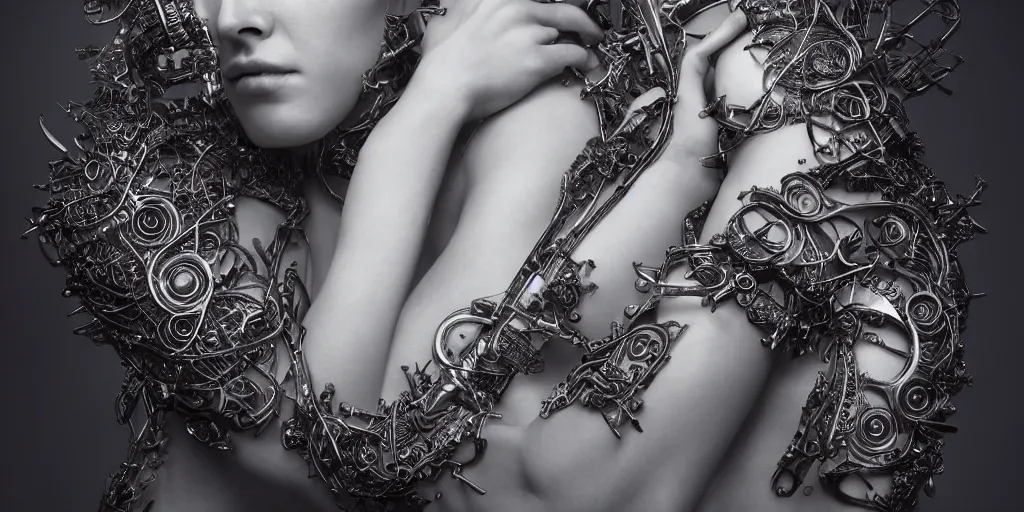 Prompt: hyper realistic photography of a stunningly beautiful cyborg female, plated arm, intimate, holding close, ribbon, in the style of beth cavener, jin kagetsu,, and wlop, highly detailed, intricate filigree, symmetry, masterpiece, award winning, sharp focus, concept art, highkey lighting, ambient lighting, octane render, 8 k, artstation