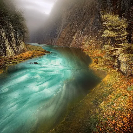 Prompt: photo of a beautiful river landscape by michal karcz., taken by a disposable camera