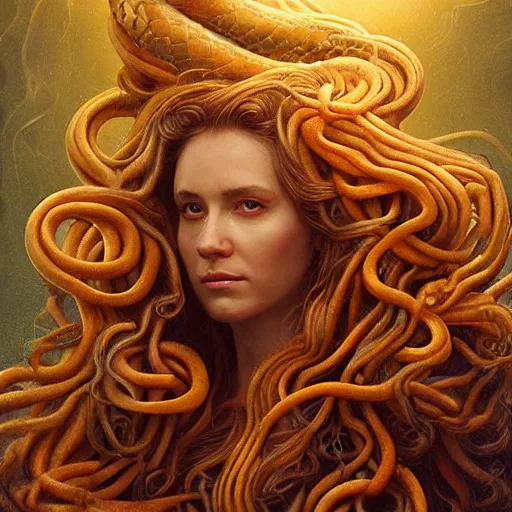 Prompt: Mythical petrifying Medusa with real swirling snakes for hair portrait, atmospheric lighting, painted, intricate, volumetric lighting, beautiful, rich deep colors masterpiece, golden hour, sharp focus, ultra detailed, by Leesha Hannigan, Ross Tran, Thierry Doizon, Kai Carpenter,Ignacio Fernández Ríos