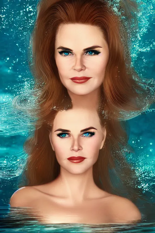 Image similar to mix of beautiful young maria shriver, mariel hemmingway, brooke shields, nicole kidman and elle macpherson as an underwater mermaid, thin lips, hair tied up in a pony tail, dark blonde hair, colorful, artstation, cgsociety